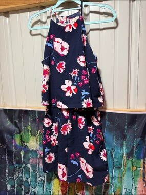 Navy Floral Halter romper with Pink & Red Blooms mud pie girls size small
